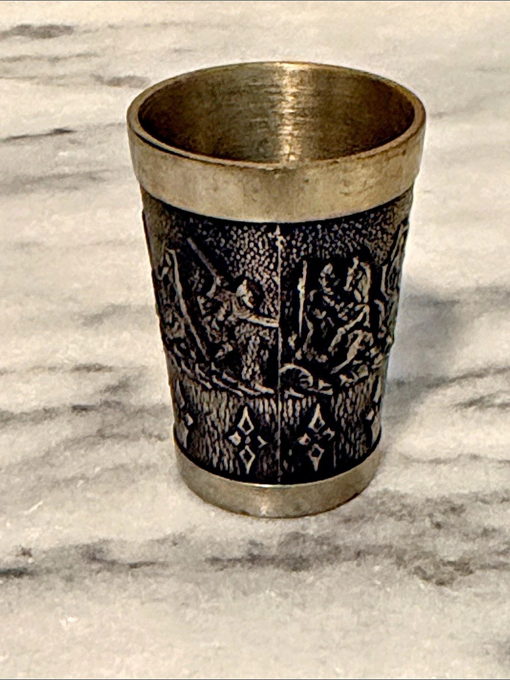 Vintage SKS Zinn 95% Pewter German Shot Glass — Knight / Relief Scene